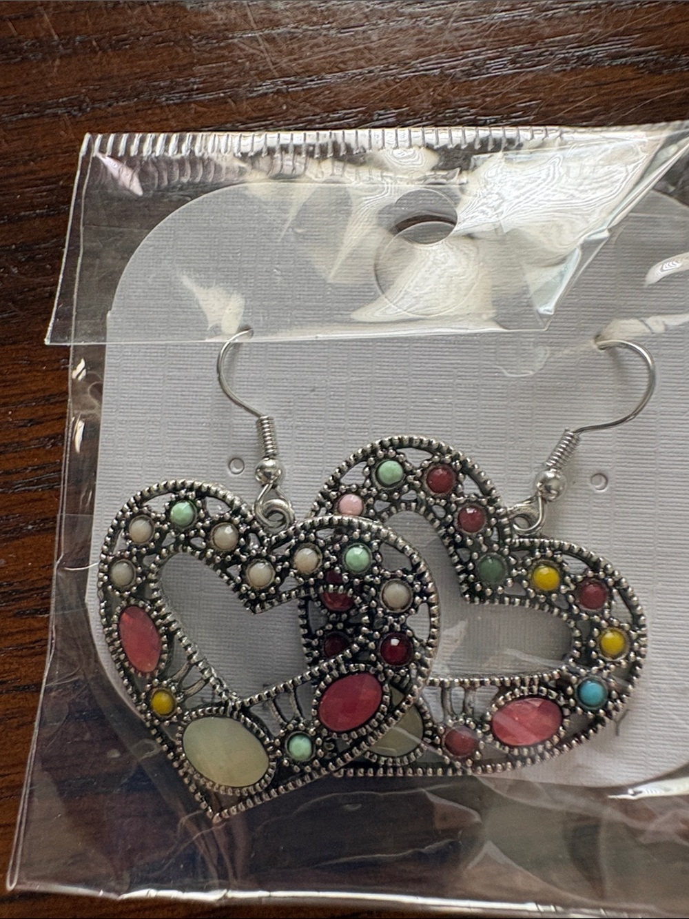 Silver-Tone Heart Dangle Earrings with Multicolor Accent Stones